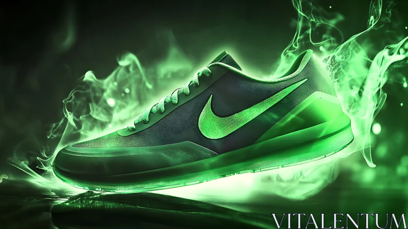 Neon green athletic sneaker glows amid dynamic vapor streams