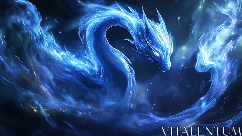 Celestial blue dragon coils through luminous cosmic mist.