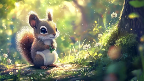 Backlit woodland squirrel study in soft-focus bokeh forest glow.