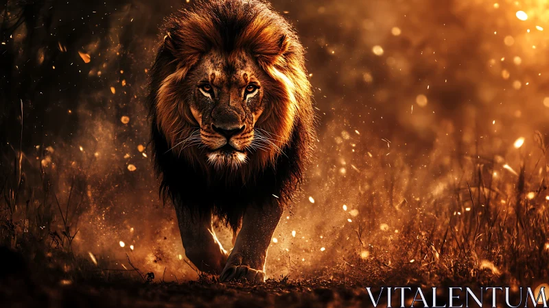 Majestic lion strides through fiery golden savanna dusk.