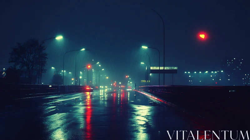 Neon rain over empty city bridge with glowing heart light.