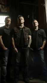 Grim warehouse trio standing like a midnight rock echo.