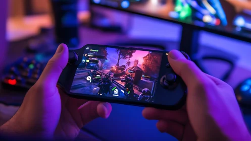 Neon-Lit Gaming: Hands Command a Vivid Virtual Battlefield.