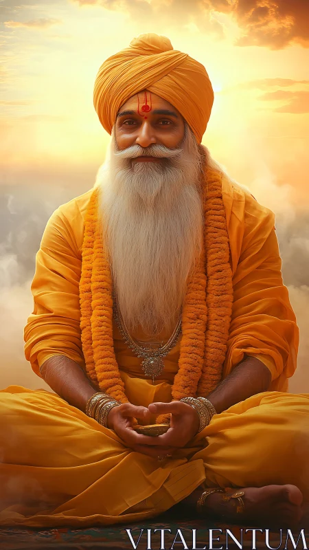 Serene elder guru in saffron robes against glowing sky.