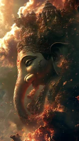 Divine elephant deity emerging from molten celestial clouds.