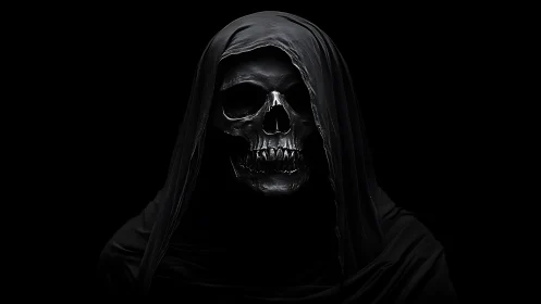 High-contrast hooded skull portrait rendered in deep chiaroscuro