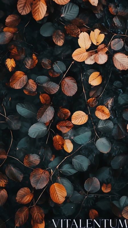 Autumn leaves scatter across deep teal forest shadows.