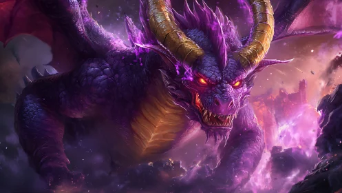 Arcane amethyst dragon with molten horns in storming ruins