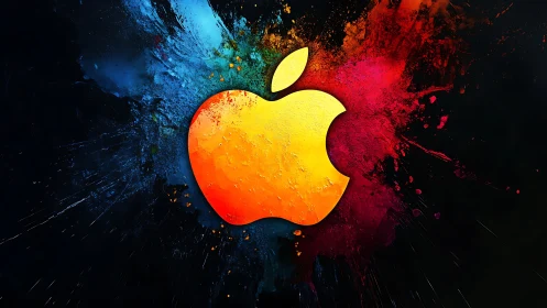 Multicolor apple-shaped emblem on dark splatter background.