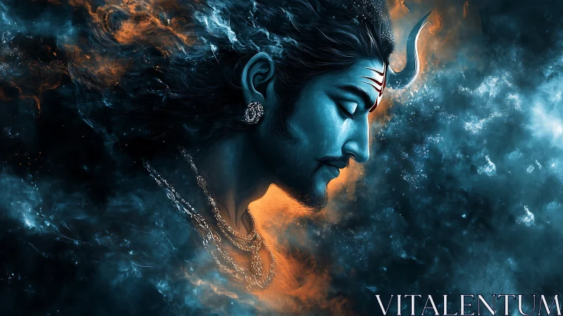 Celestial blue-faced deity drifting through ember clouds.