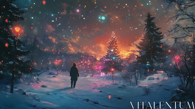Solitary figure watches glowing winter tree under radiant sky
