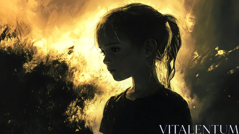 Girl silhouette glows against burning golden storm backdrop.