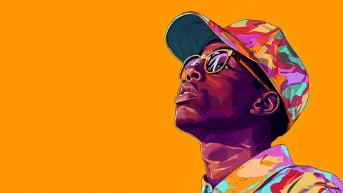Colorful vector portrait shows person in cap and sunglasses