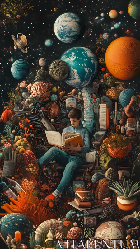 Astral reading boy amid cosmic planets, books and biomorphic forms.