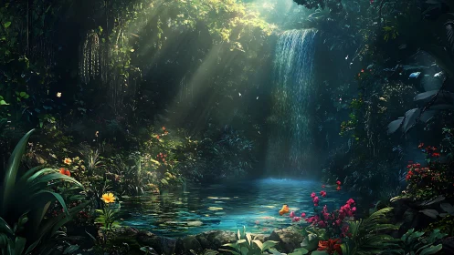 Luminous jungle waterfall pond whispering in emerald hush.