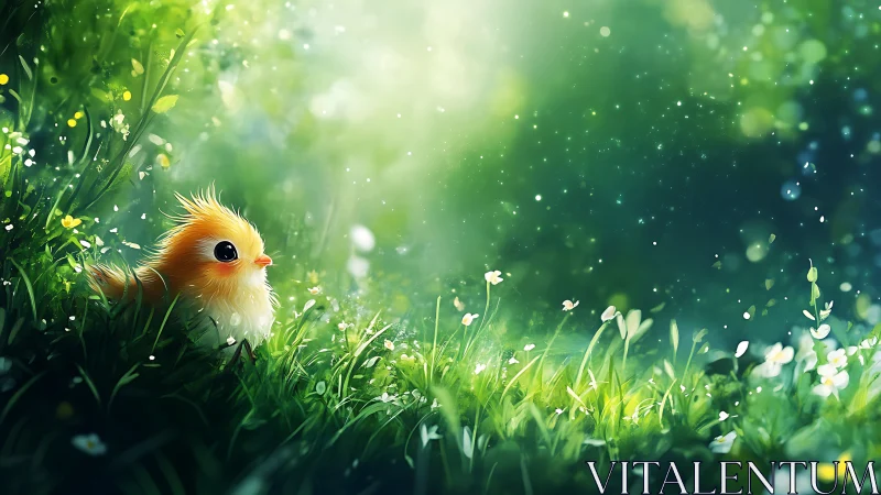 Tiny golden chick resting in a dreamy sunlit meadow.