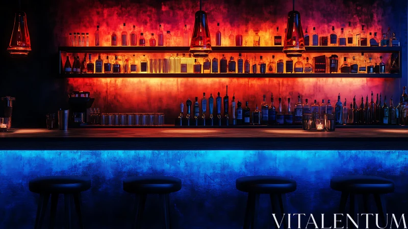 Moody neon bar counter glows with warm bottles and light