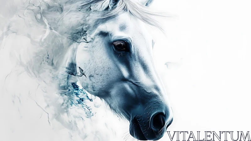 Gentle white horse emerges in soft misty watercolor light