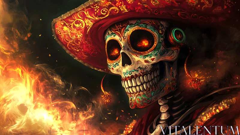 Fiery sugar skull cowboy smiles amid swirling embers.