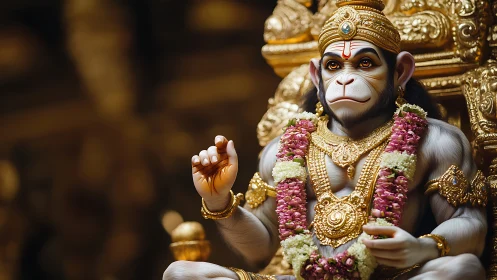 Ornate monkey deity idol sits adorned with gold and garlands
