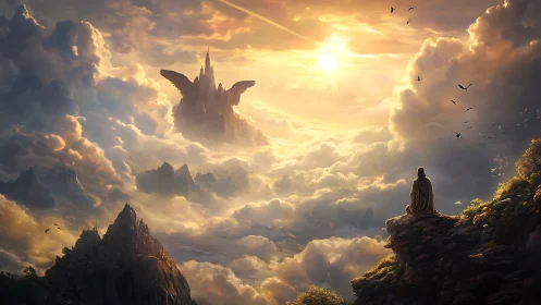 Skyborne citadel and lone seer beneath a blazing dawn.