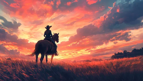 Cowgirl and horse pause beneath a blazing prairie sunset.