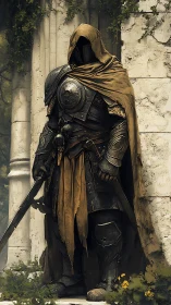 Hooded ruin-guard in weathered armor and golden cloth.