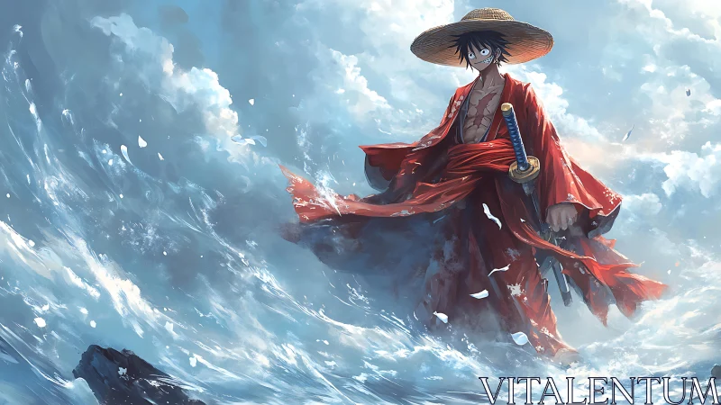 Straw hat swordsman in red robe standing amid ocean waves.
