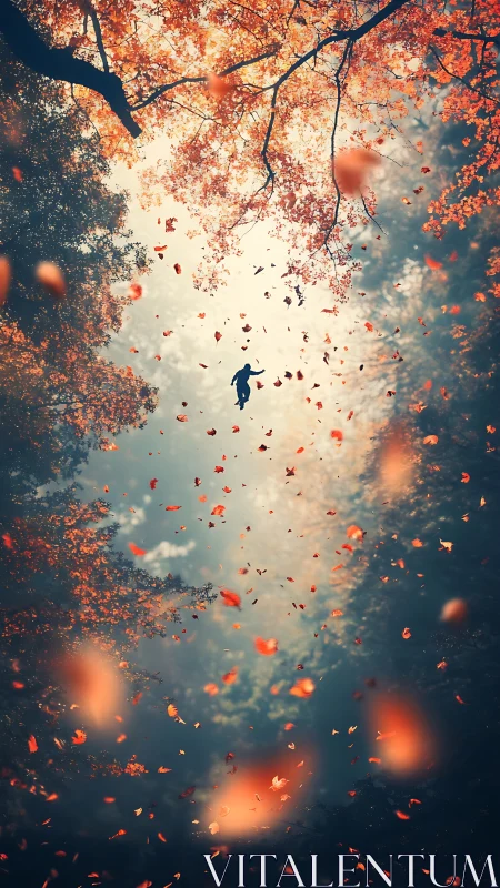Silhouetted figure drifts skyward amid swirling autumn leaves.