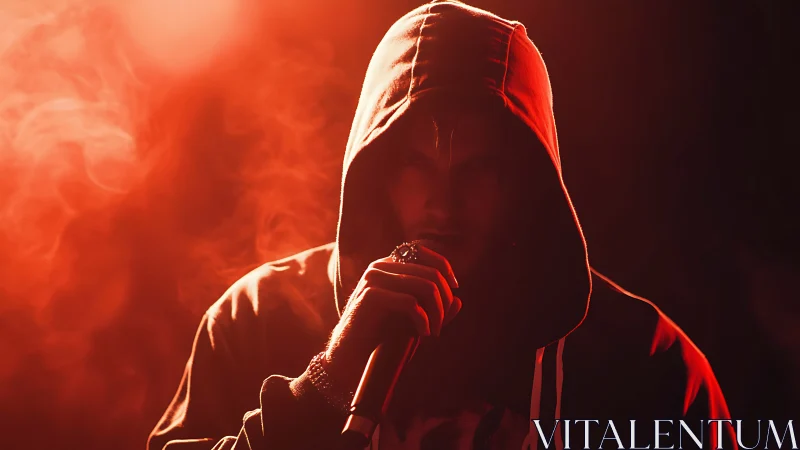 Hooded rapper in moody red backlight on smoky stage.