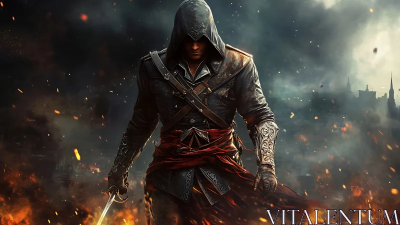 Hooded rogue strides through embers toward a ruined skyline.