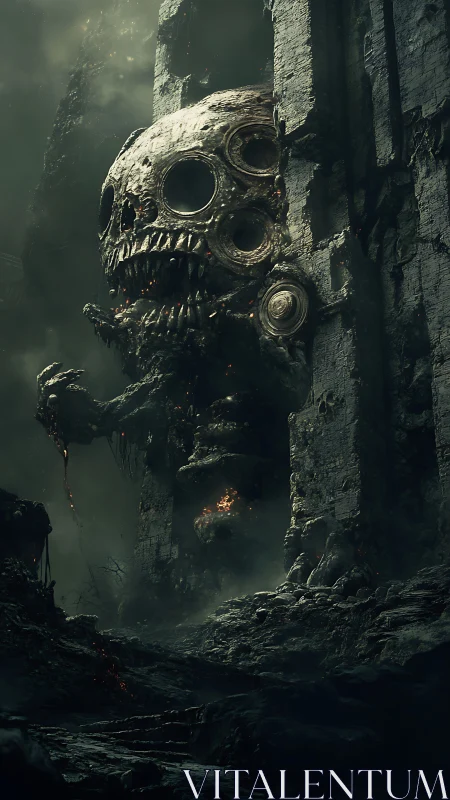 Haunting skull colossus watching over a crumbling abyss.