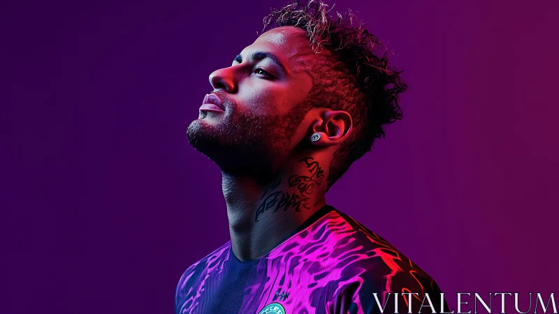 Profile portrait of footballer under vivid neon lighting