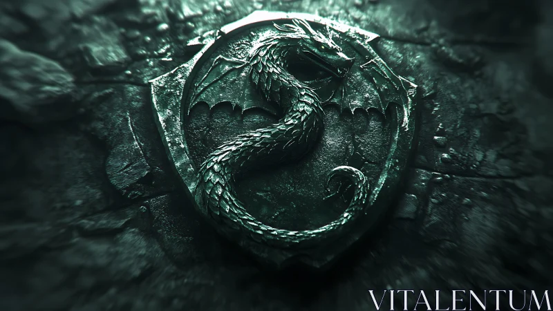 Serpentine dragon sigil coils across a weathered stone shield.