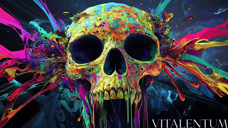 Neon human skull centered with explosive multicolor paint bursts