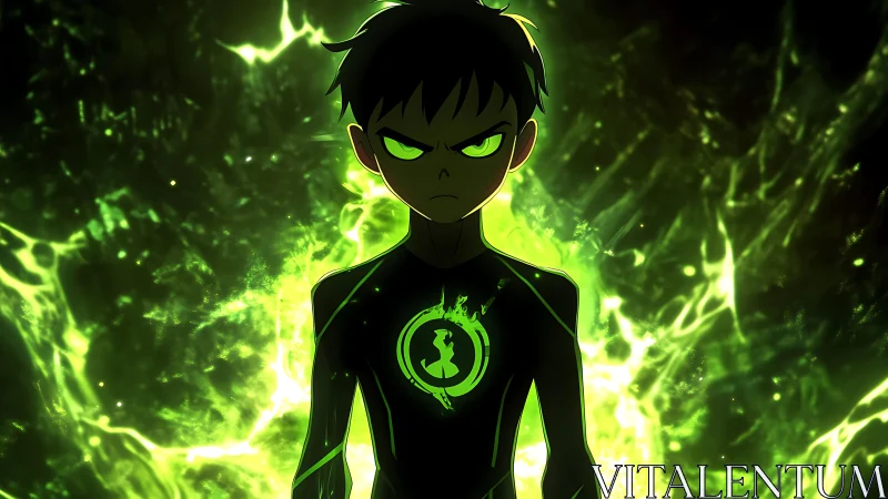 Irradiated youth silhouette in neon-green plasma bloom field.