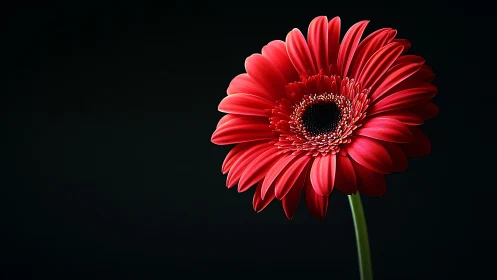 Radiant red gerbera blossom glows softly against dark night