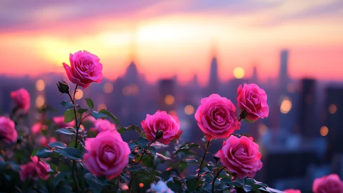 Vibrant Roses Silhouette Urban Skyline at Golden Hour Sunset.