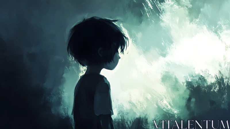 Silhouetted child studies cold glowing void in darkness