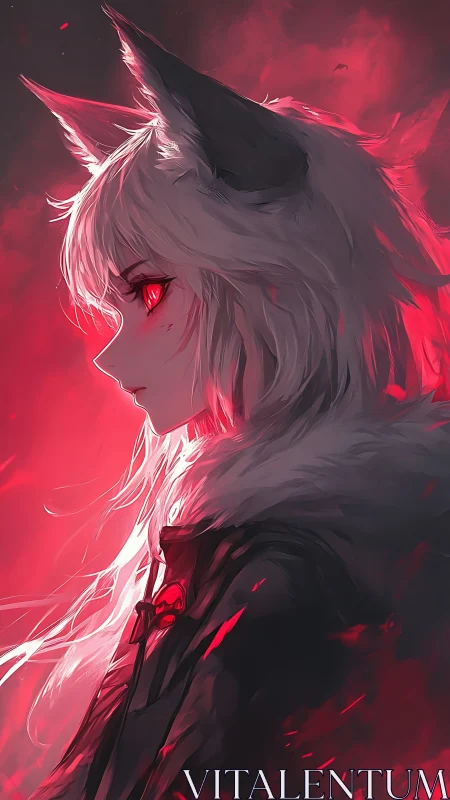 White haired wolf girl in red glowing profile portrait.