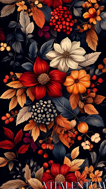 Autumn Botanical Composition: Multi-layered Floral Arrangement on Noir Field.