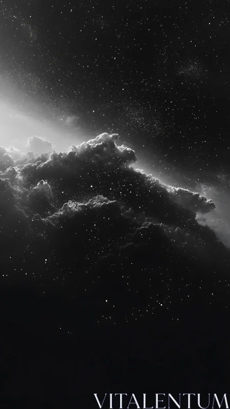 Moonlit cosmic clouds drift through a silent starlit void