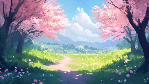 Pathway through cherry trees in stylized spring landscape.