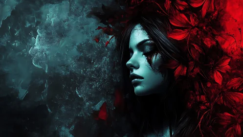 Melancholic woman emerges between icy void and crimson bloom