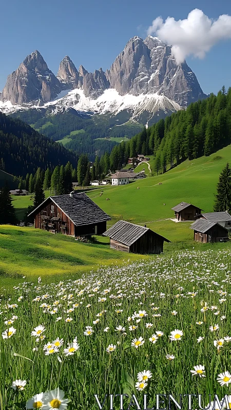Sunlit alpine meadow and cozy wooden cabins in bloom.