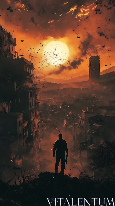 Silhouetted figure observes ruined city under dense orange sky