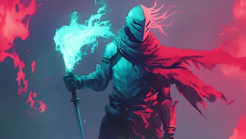 Flame-cloaked knight wielding blue spectral torch in dusk.