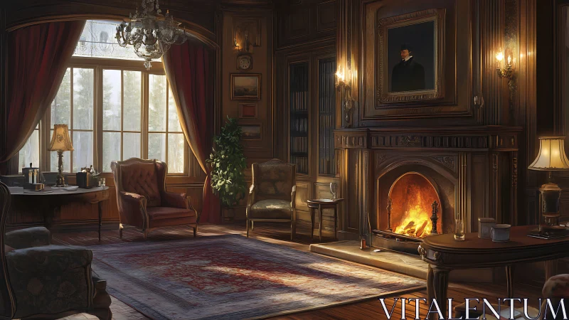 Victorian paneled study with lit fireplace and bay window