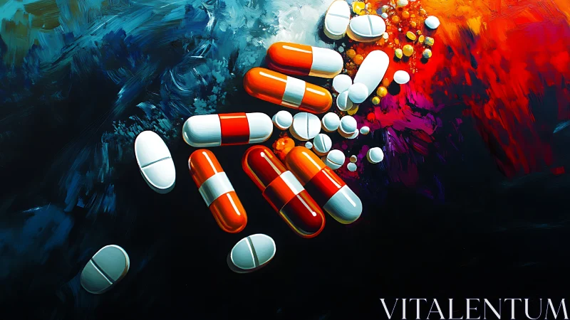 Scattered capsules contrast with abstract dark and fiery backdrop