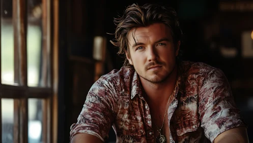 Rugged man in rustic bar interior gazes into soft light.